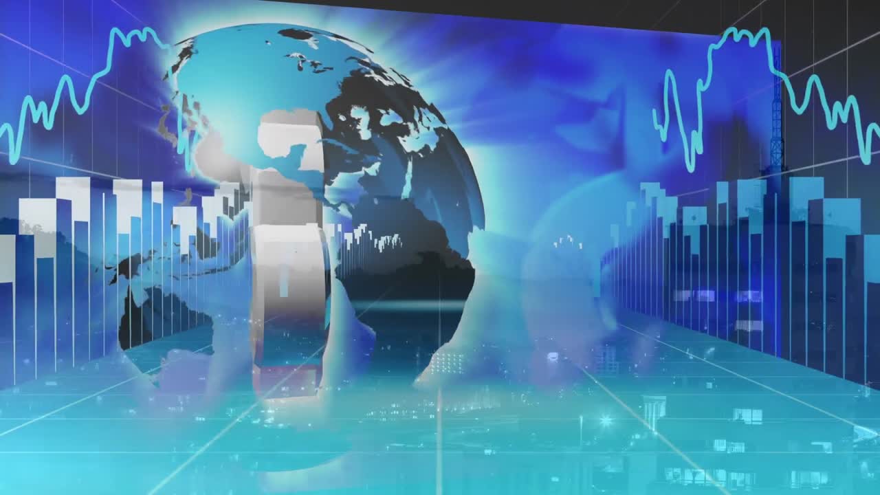 animación de globo giratorio con signo de dólar y múltiples gráficos móviles con patrón de cuadrícula.