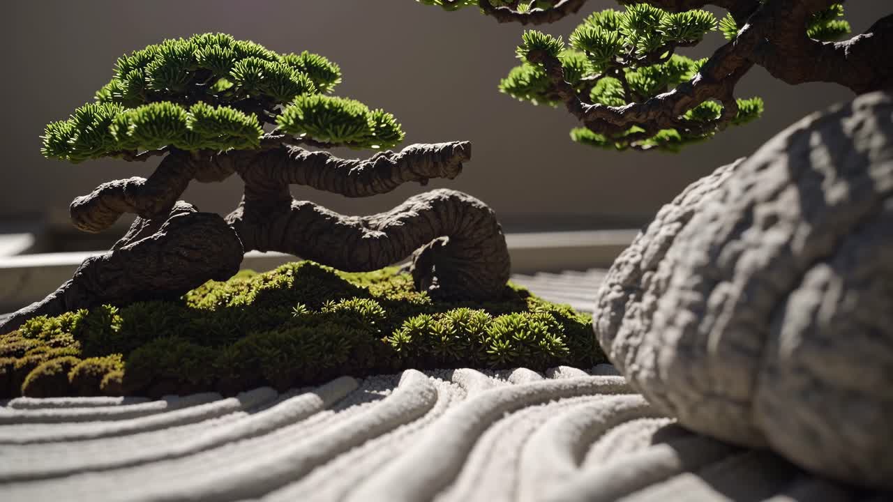 Tırmıklanmış kum desenleri ve bonsai ağaçları olan bir zen bahçesinin yakın çekim, düşük açılı görüntüsü