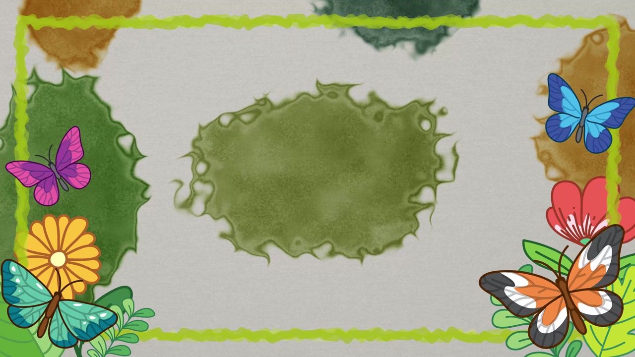 Watercolor botanical frame animation with blooming flowers, fluttering butterflies, and a paper texture wash loop.