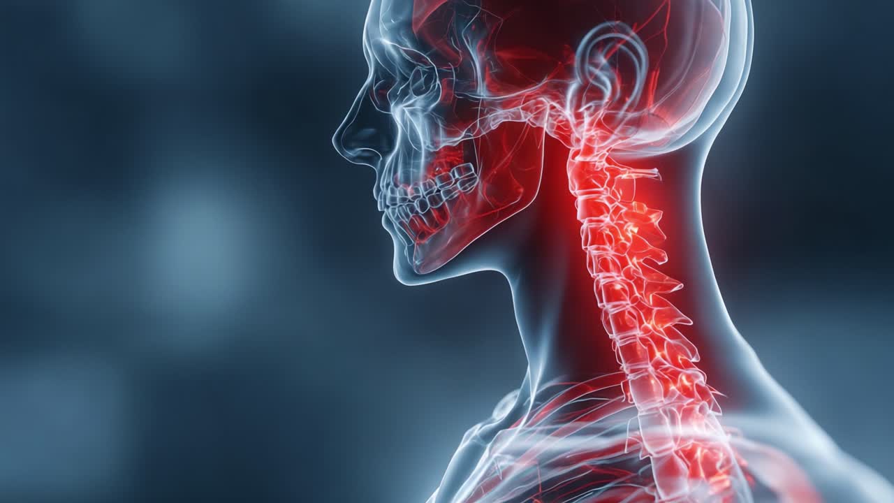 Visualizzazione dettagliata dell'anatomia umana che evidenzia la colonna cervicale e la struttura del cranio in un bagliore enigmatico, sottolineando l'interazione tra muscoli e sistema nervoso.