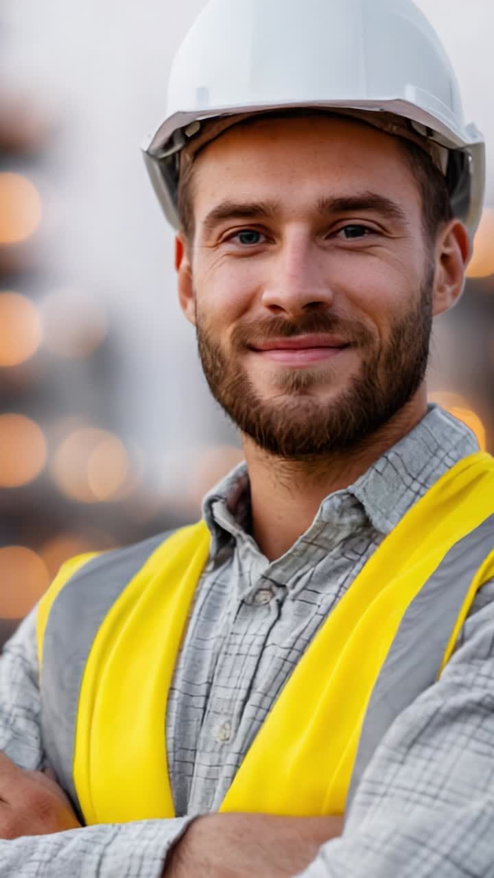 Confident Construction Worker in Safety Gear Smiling Against a Blurred Urban Background, Highlighting Professionalism and Safety in the Workplace Environment