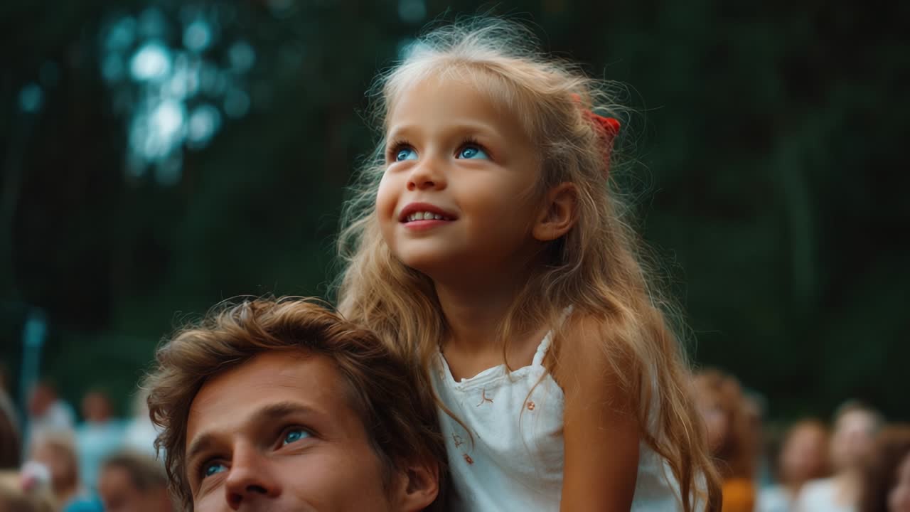 A Heartwarming Moment Captured: A Child on Her Father's Shoulders, Gazing Enthusiastically at Something in the Distance, Their Joyful Expressions Highlighting a Beautiful Connection Between Them