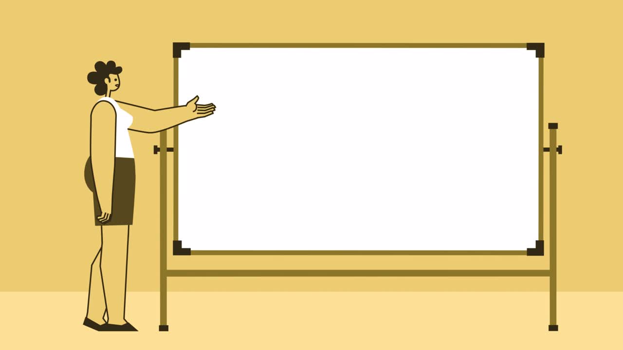 Yellow Style Woman Flat Character Speaker Near White Board. Isolated Loop Animation with Alpha matters