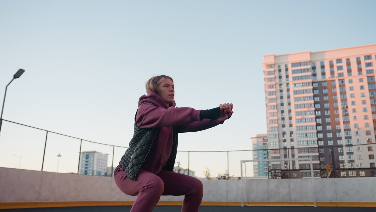Lower body shot of woman squatting on round outdoor sports court asphalt as sun sets behind tall city buildings for urban fitness scene with warm evening light highlighting strength and balance
