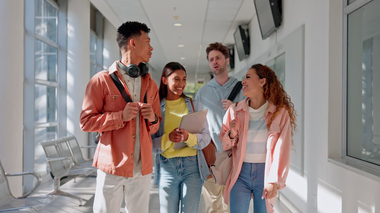Universitet, gruppe og studenter som går på campus