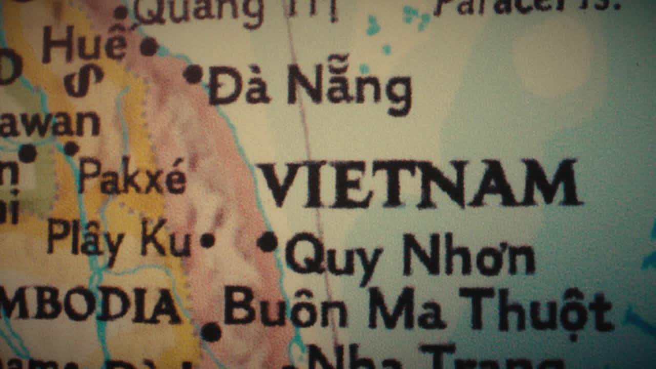 Close-up of a map showing Vietnam and Cambodia