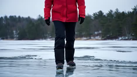 a person walking cautiously on a thin layer of ice, capturing the beauty and tension of winter activities in a remarkable natural landscape