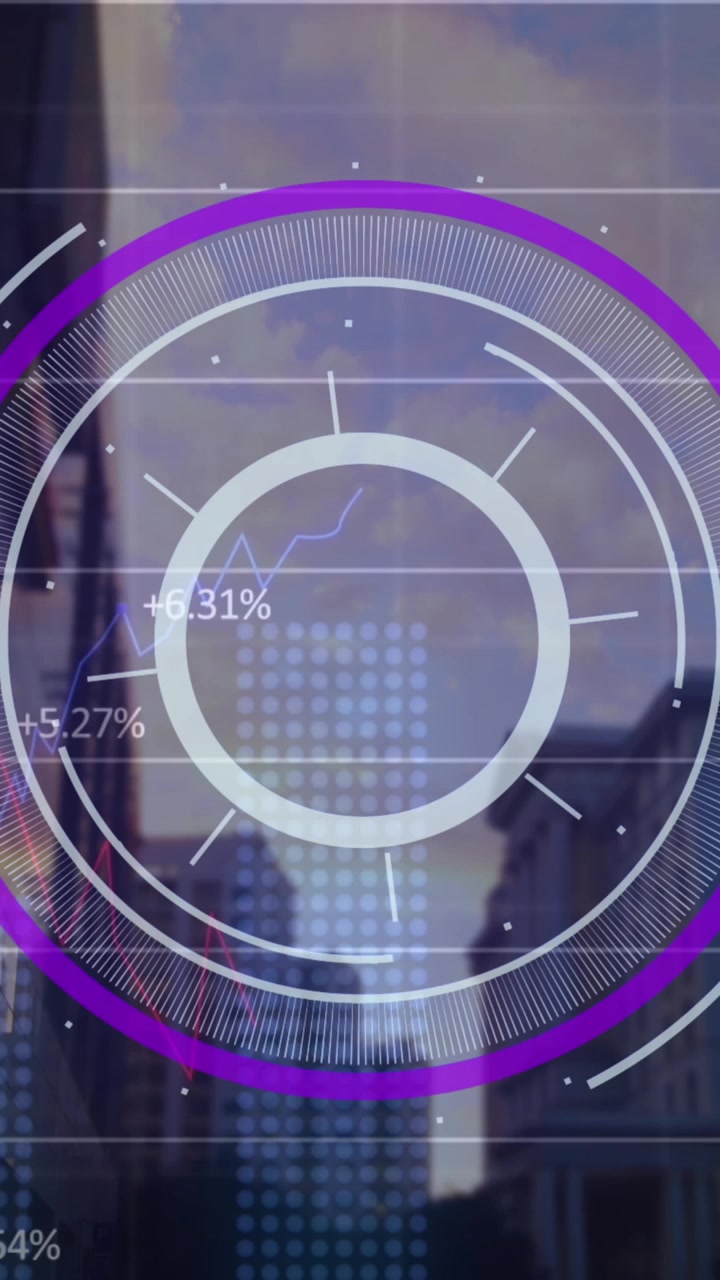 Animation of round scanner and statistical data processing against tall buildings