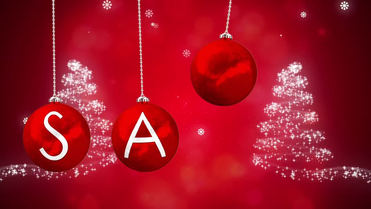 animación del texto de venta sobre cuatro bolas de navidad rojas