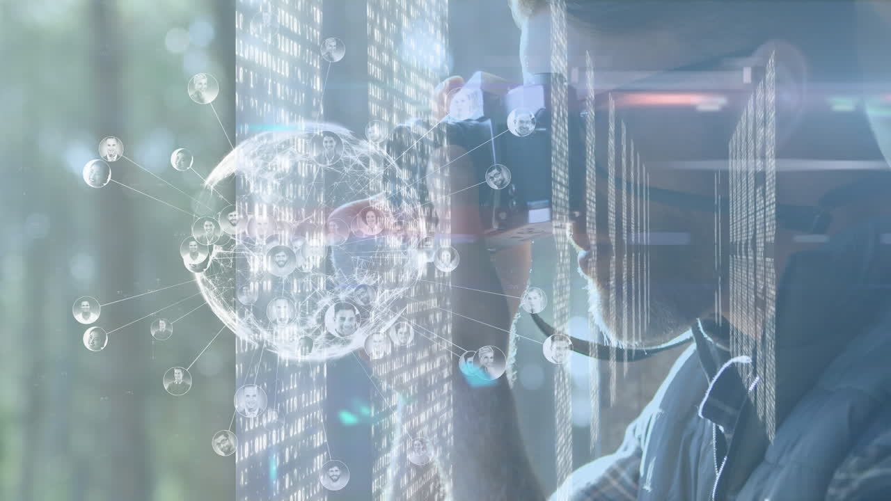 카메라를 사용하여 코카시안 남자에 대한 지구의 애니메이션과 데이터 처리