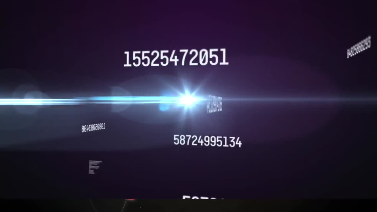 Animation of numbers changing over glowing light on purple background