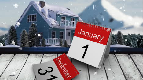 animation of 31 december and 1 january calendar pages in winter scenery