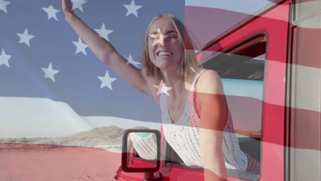 animation of flag of usa over caucasian woman in car on beach