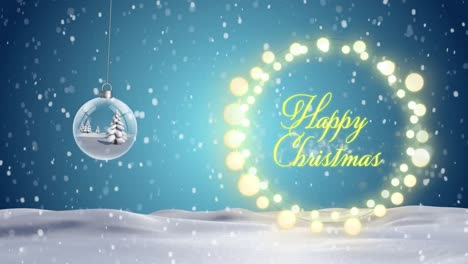 Animation-of-christmas-greetings-in-fairy-lights-frame-over-winter-landscape-background