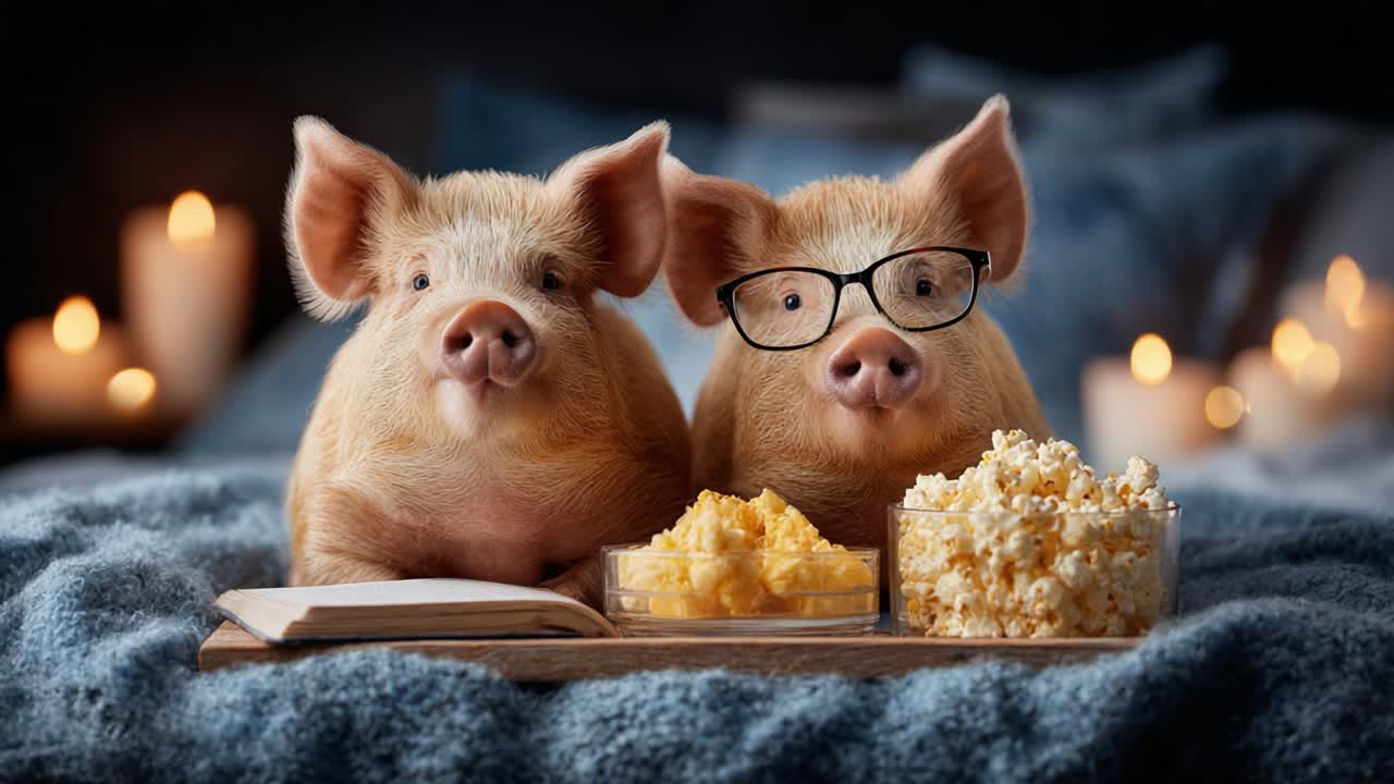 Adorable Pig Pair Enjoying Movie Night with Snacks: A Cozy Scene Featuring Two Cute Pigs, One Wearing Glasses, Surrounded by Candles and Comforting Treats