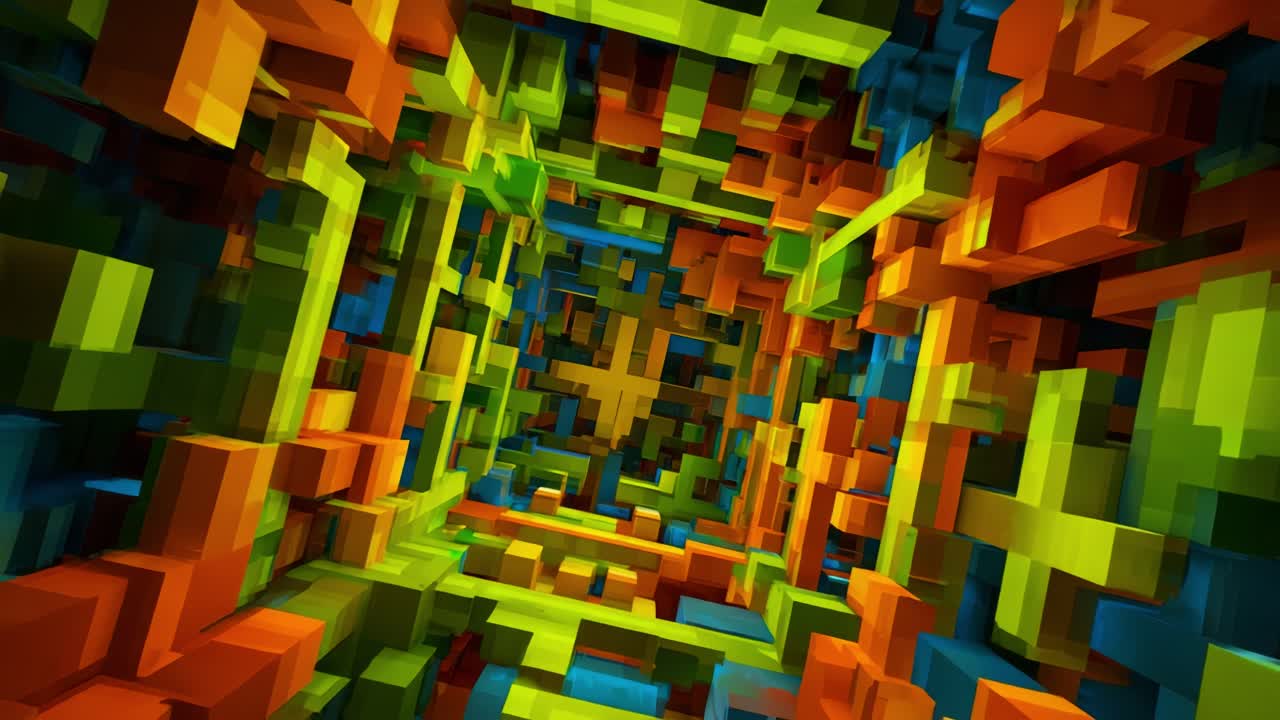 A Stunning Visualization of Abstract 3D Geometry Featuring a Vivid Array of Colorful Cubes in an Infinite Tunnel-Like Structure Captivating the Viewer with Depth and Perspective