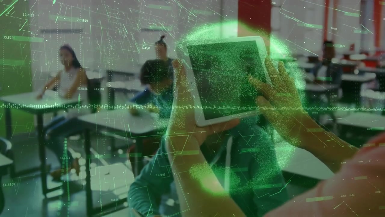 Student Using Tablet in Classroom with Digital Global Network Overlay