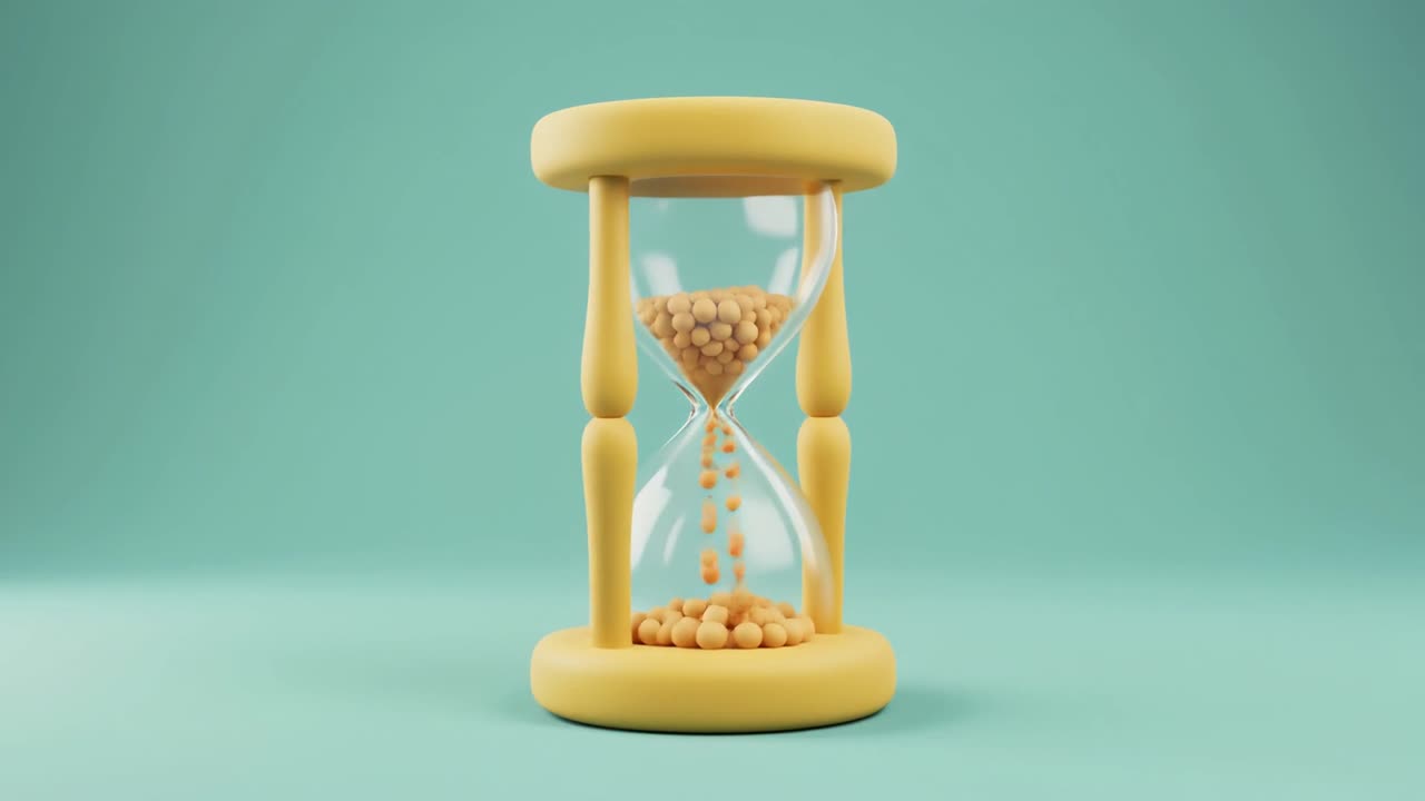 Yellow Hourglass with Spheres Falling in a 3D Animation