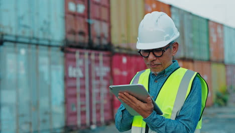 engineer at container port using tablet