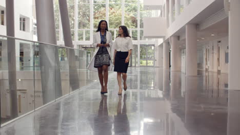 female doctors talking as they walk through hospital