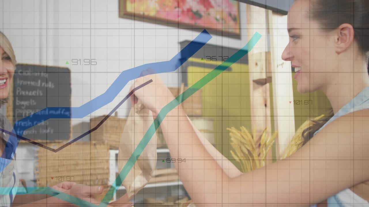 Bakery seller opening paper bag leading buyer making purchase as grid and graph sweeping over hands
