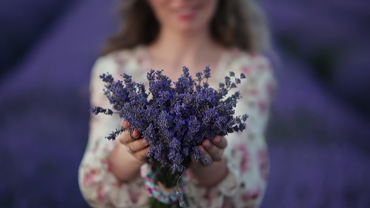 Portrait of a young woman holding and smelling a lavender bouquet in a blooming purple field