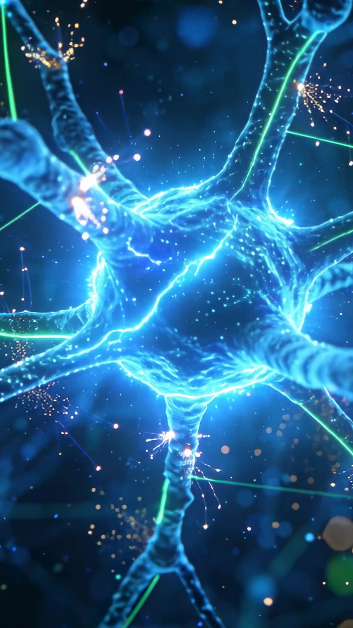 Video verticale: Soma neuronale pulsante che reagisce a un impulso verde inviando scintille su microsala con linee