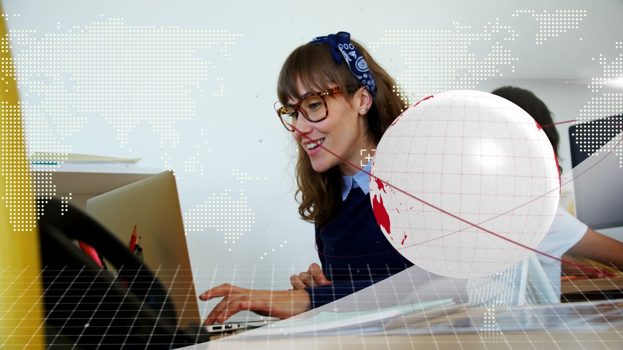 Woman typing on laptop starting business task, using trackpad with animated globe overlay drifting