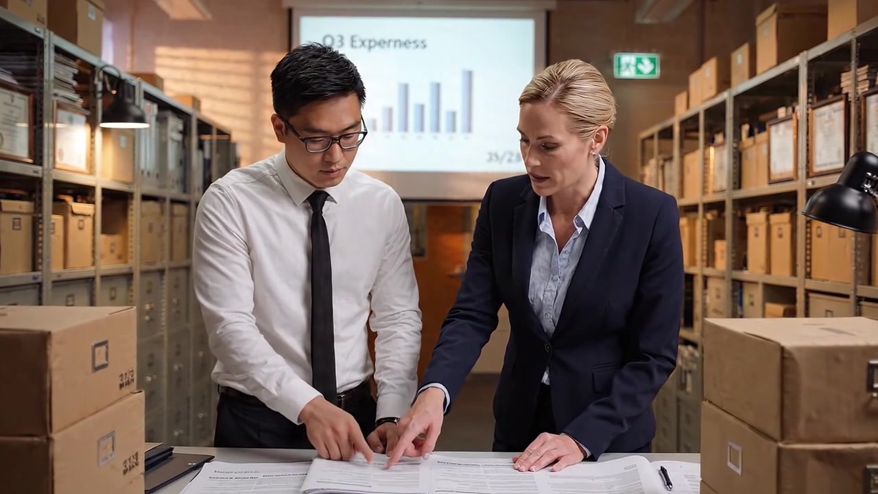 Ammattimainen keskustelu arkistohuoneessa: Q3 Express -datan analysointia tiimiyhteistyön ja raportoinnin kera jäsennellyssä toimistoympäristössä.