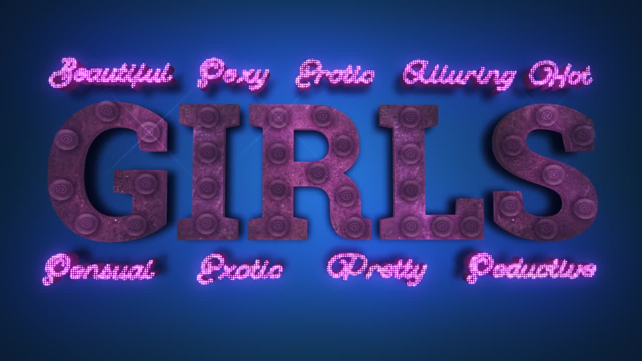 벽돌 벽 배경을 가진 소녀라는 단어를 묘사하는 성인 클럽을 위한 생생하고 생생한 애니메이션 깜박이는 led 기호의 현실적인 3d 렌더링