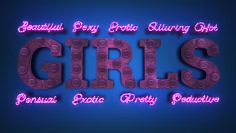 realistic 3d render of a vivid and vibrant animated flashing led sign for an adult club depicting the words girls, with a brick wall background