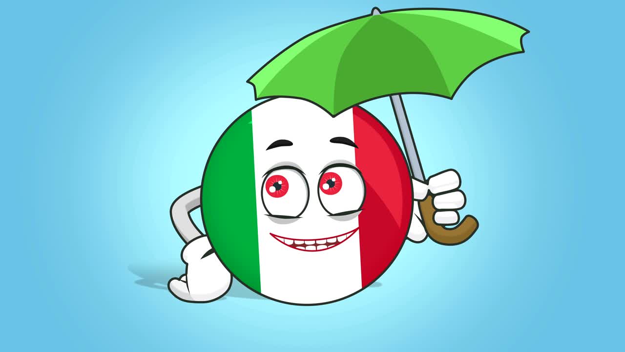 icono de dibujos animados bandera de italia bajo paraguas con animación facial con alfa mate