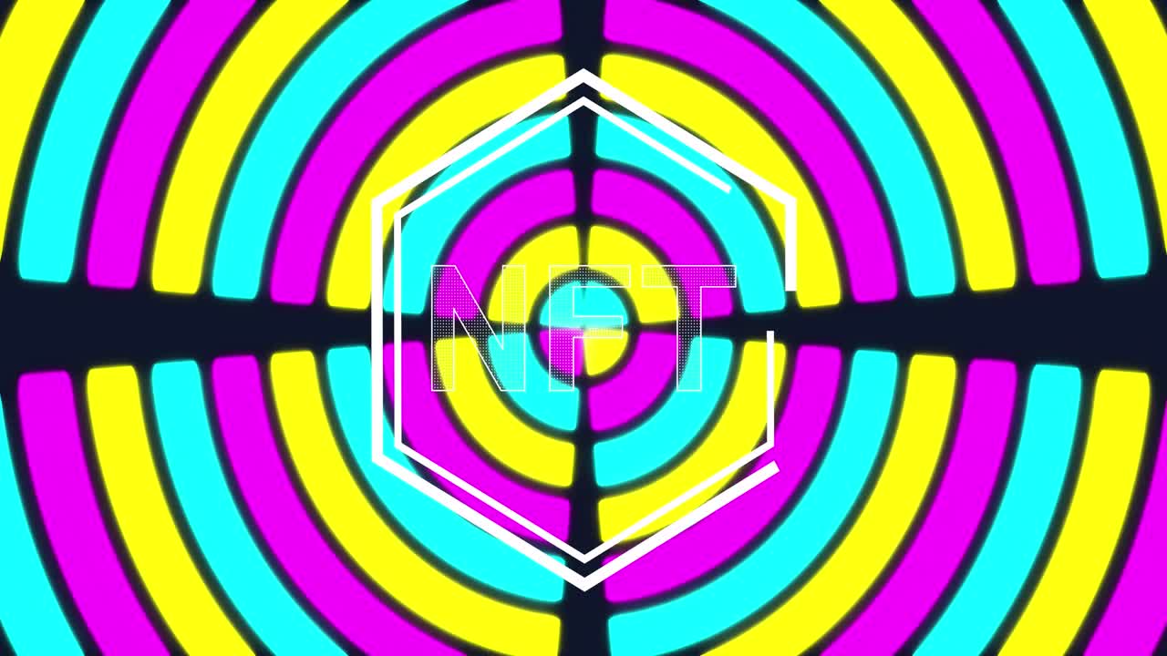 animación de nft sobre círculos coloridos en fondo negro.