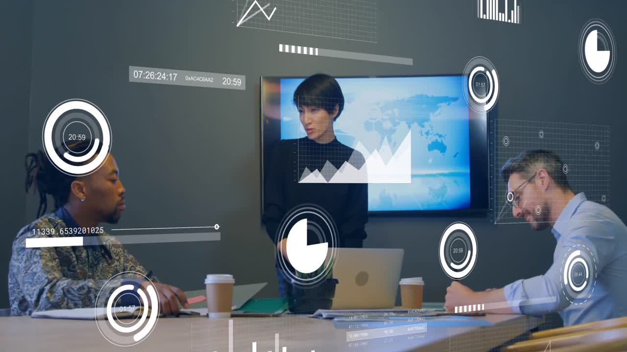 Animation of statistical data processing against diverse colleagues discussing together at office