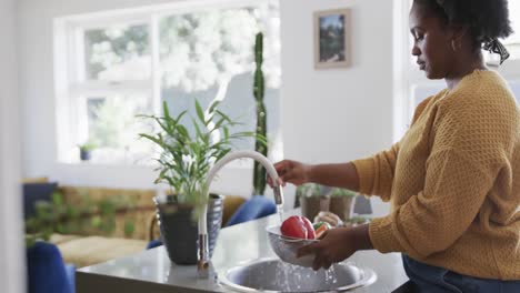 profile of african american woman rinsing vegetables in kitchen sink, slow motion