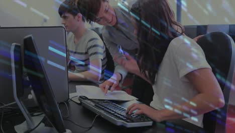 animation of a group of students sitting by desks over statistics showing in the background.