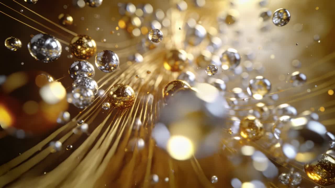 Panoramica attraverso sfere d'oro e d'argento in un flusso generato al computer, che rivela filamenti convergenti, bokeh caldo