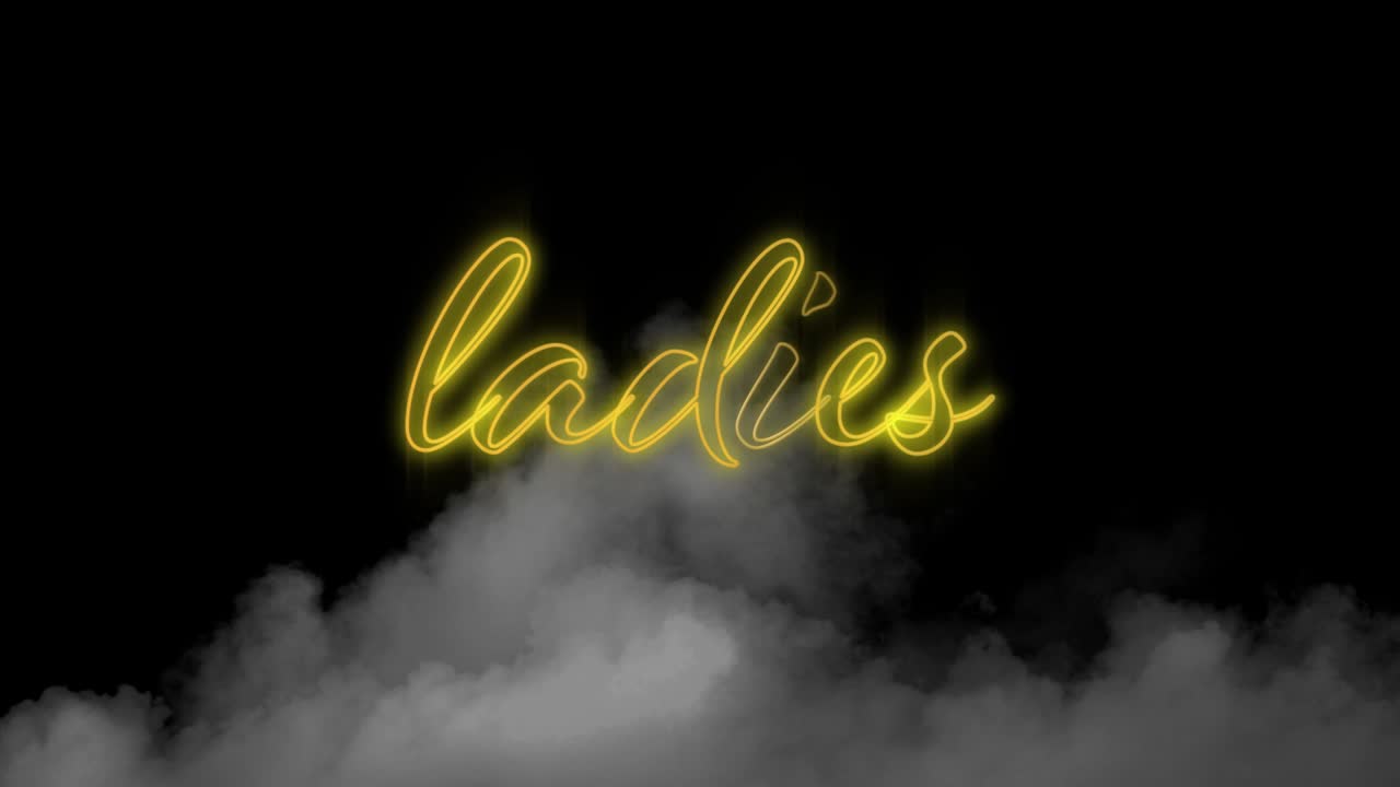 Animazione digitale di una scritta al neon gialla "ladies" su effetto fumo su sfondo nero