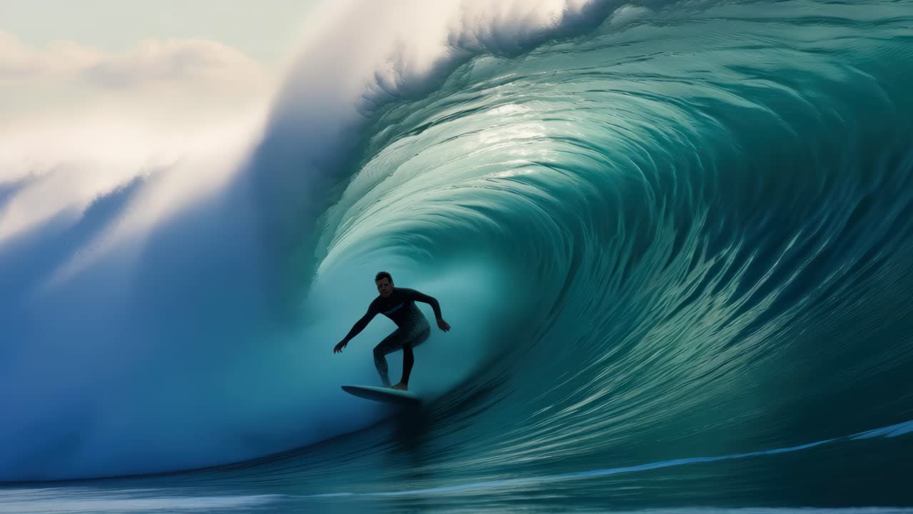 Dynamic video of a surfer riding a massive wave, captured from a low-angle, emphasizing the wave's