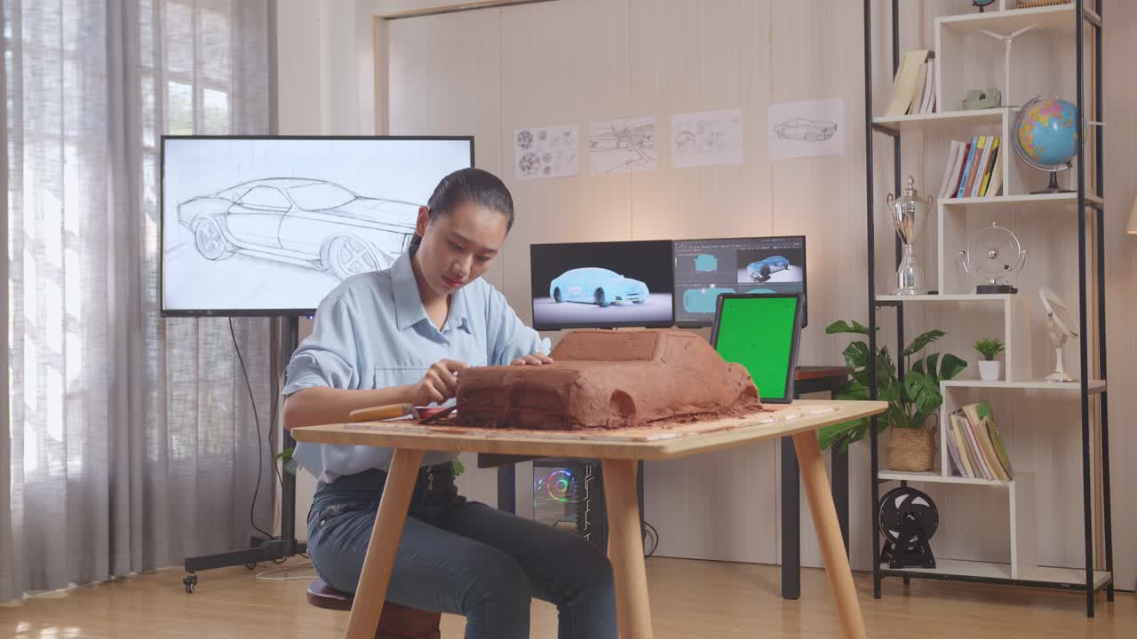 Asian Woman Automotive Designer With Green Screen Tablet Using Rake Or Wire To Smooth Out The Surface And Create Details In The Sculpture Of Car Clay In The Studio