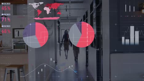 Animation-of-statistical-data-processing-over-diverse-man-and-woman-walking-in-office-corridor