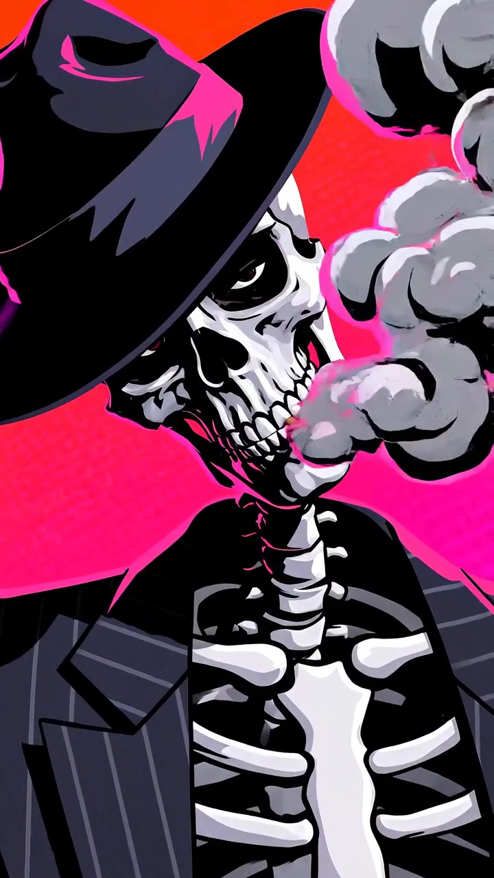 Scheletro animato con fedora e abito che fuma una sigaretta.