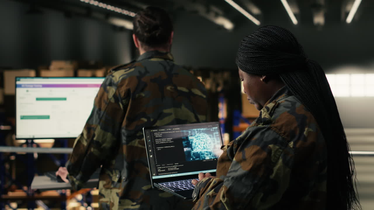 Woman in Camouflage Uniform Coding on Laptop with Colleague