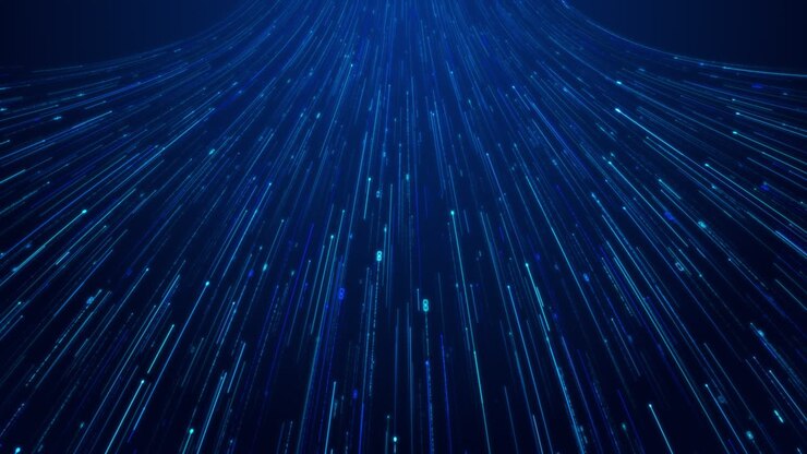 Dynamic streams of glowing particle rise deep blue digital space immersive flare trails perfect