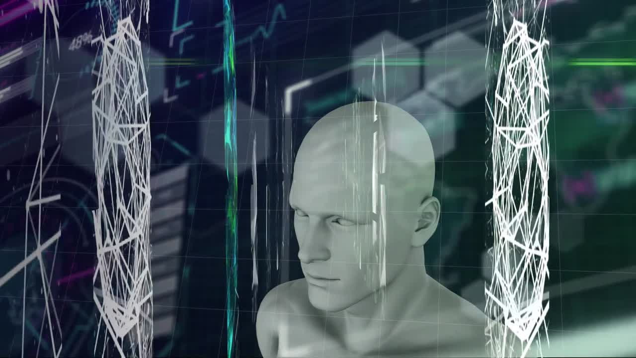 Animazione di rete di connessioni ed elaborazione dati su corpo umano