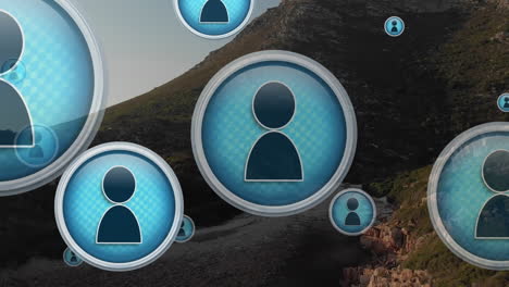 animación de las personas de las redes sociales iconos sobre el paisaje