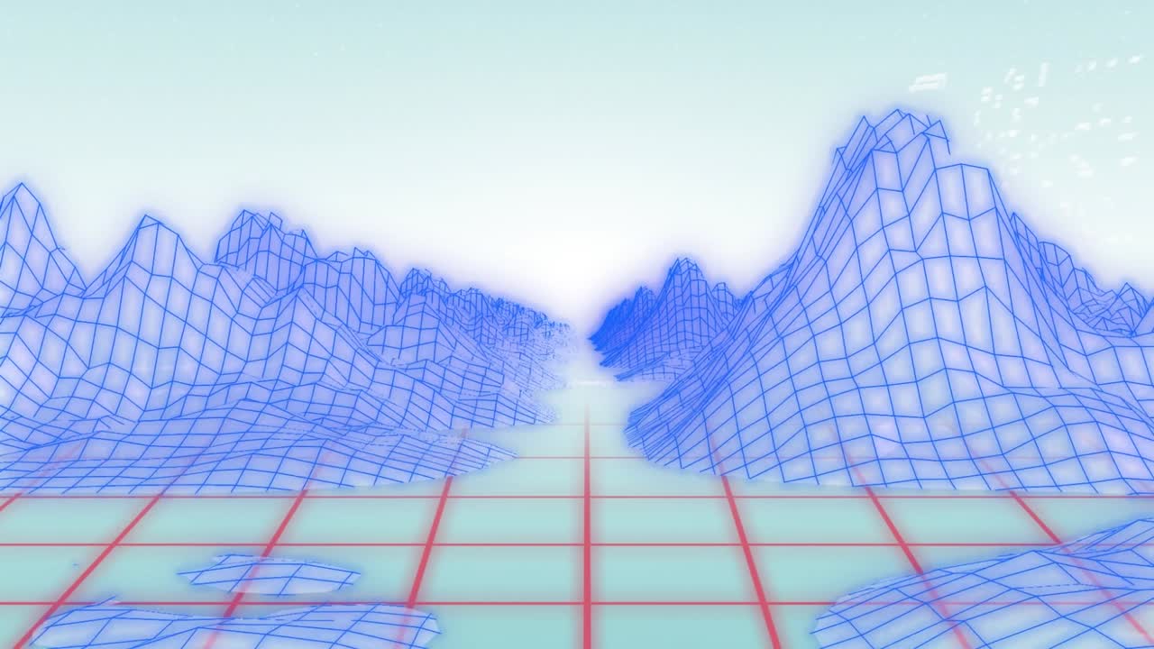 Animation of digital mountains and data processing on blue background