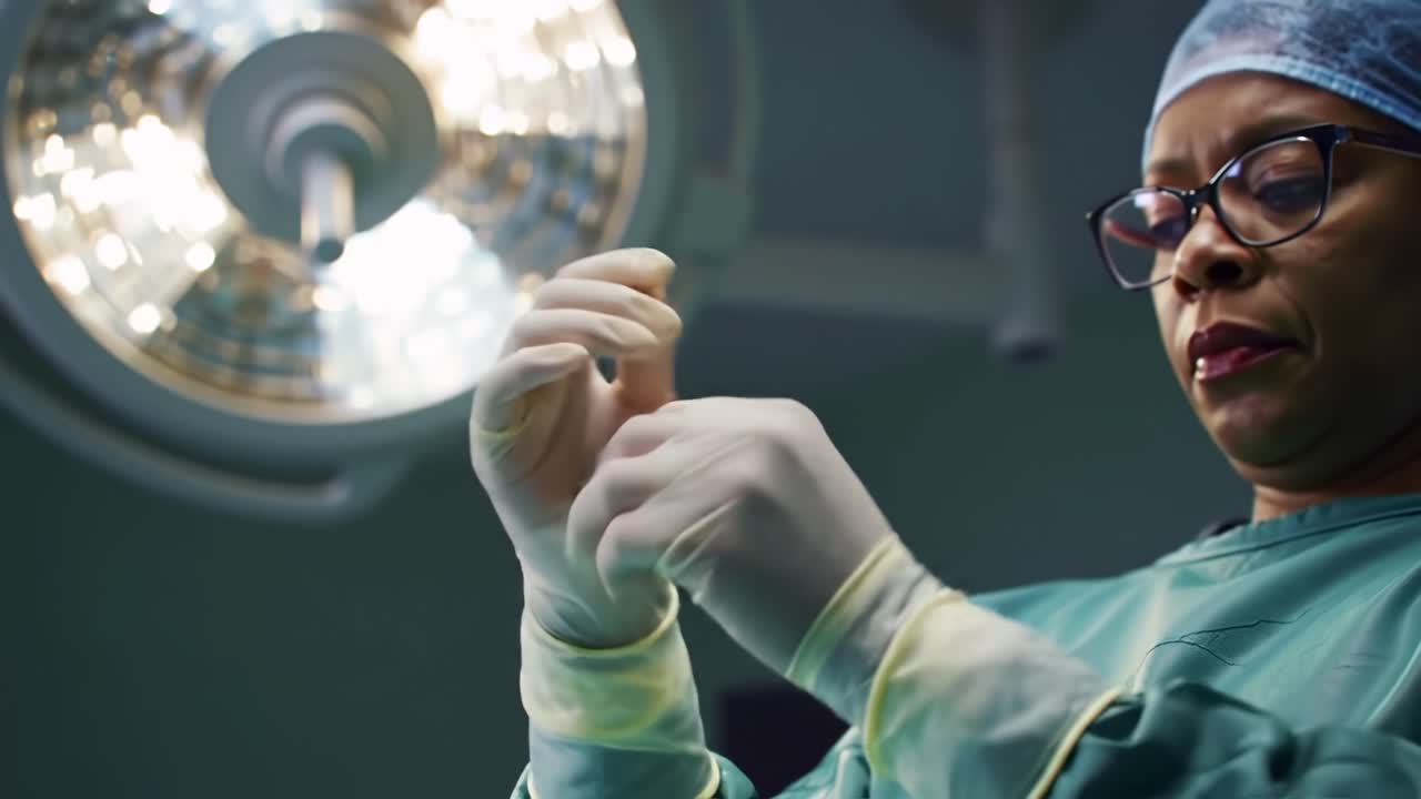 A skilled healthcare professional prepares for surgery by gloving up carefully, showcasing precision and dedication within a surgical environment, ready to make a difference