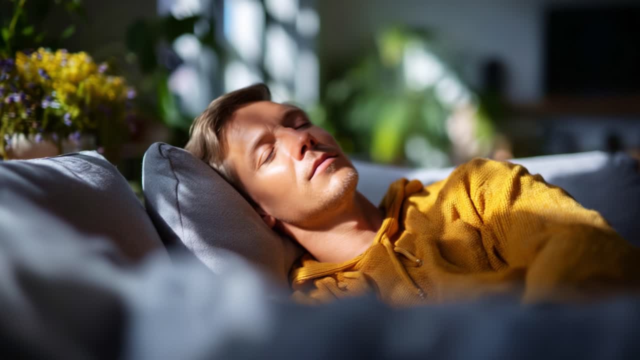 Et fredfyldt øjebliks afslapning, der viser en mand, der sover fredeligt på en hyggelig sofa omgivet af blødt lys og frodigt grønt, hvilket udstråler ro og komfort
