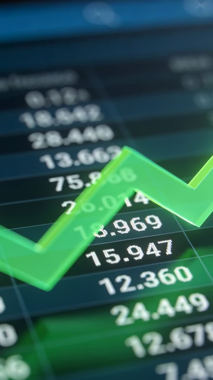 Video verticale: Durante la riproduzione, linea di tendenza verde che si muove a destra, in aumento sulla griglia di mercato, mostrando numeri.